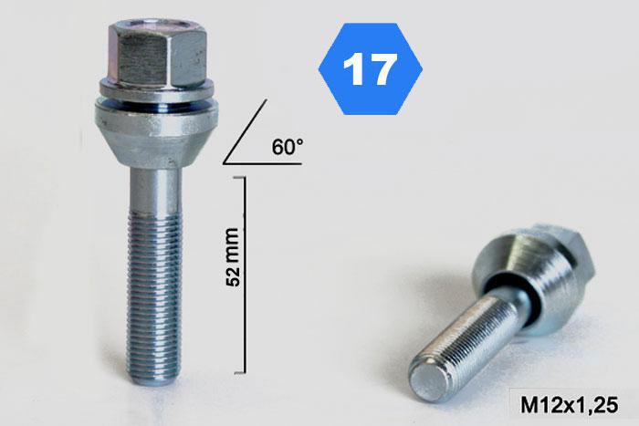 M12x1,25, Schuifbout Conisch, Draadlengte 52mm, SW 17